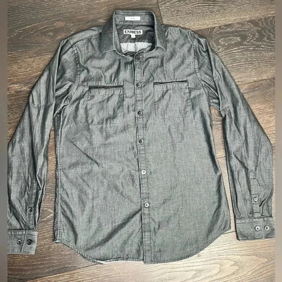 Express Gray Fitted Long Sleeve Button Down Shirt Mens - Picture 1 of 8